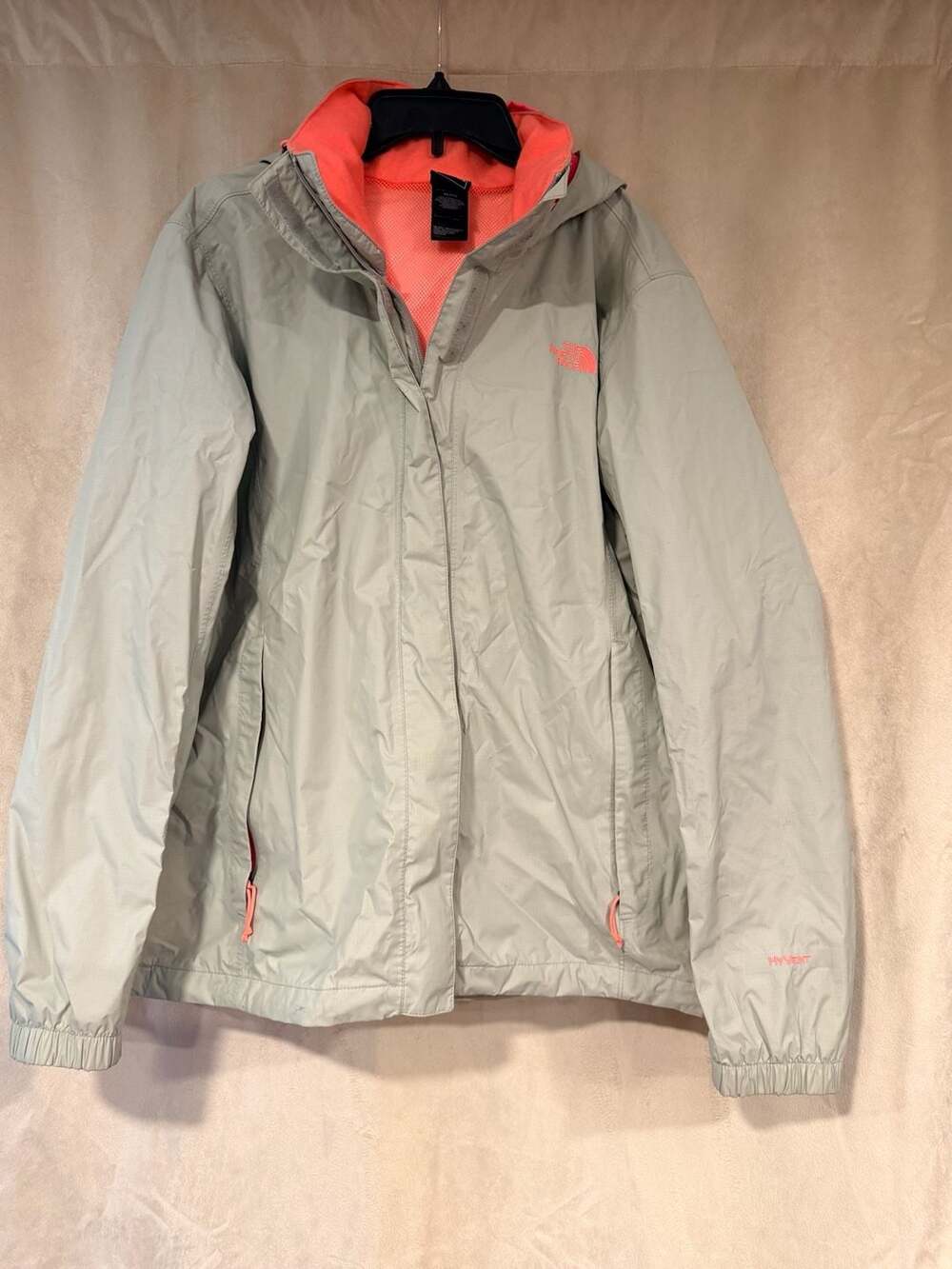 The North Face Women's HyVent Hooded Rain Jacket in Gray and Neon Pink XL